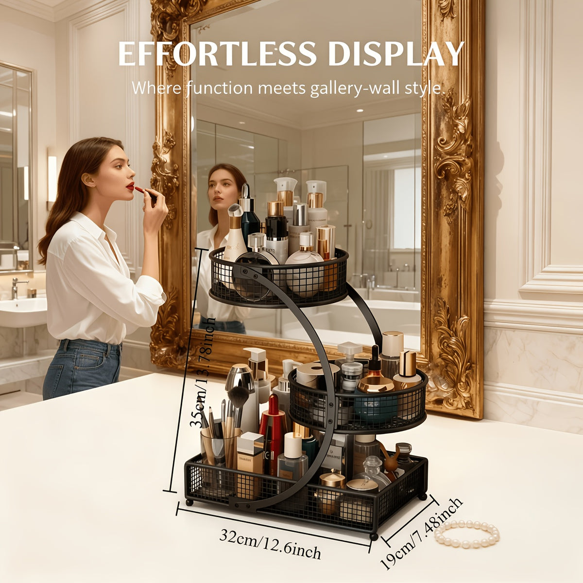 Lacquered Metal Cosmetic Storage Organizer, 1, 2 & 3-Tier Rust-Proof Welded Basket, Space-Saving Vanity Organizer for Lipstick, Perfume & Skincare — Black & White, Ideal Beauty Gift
