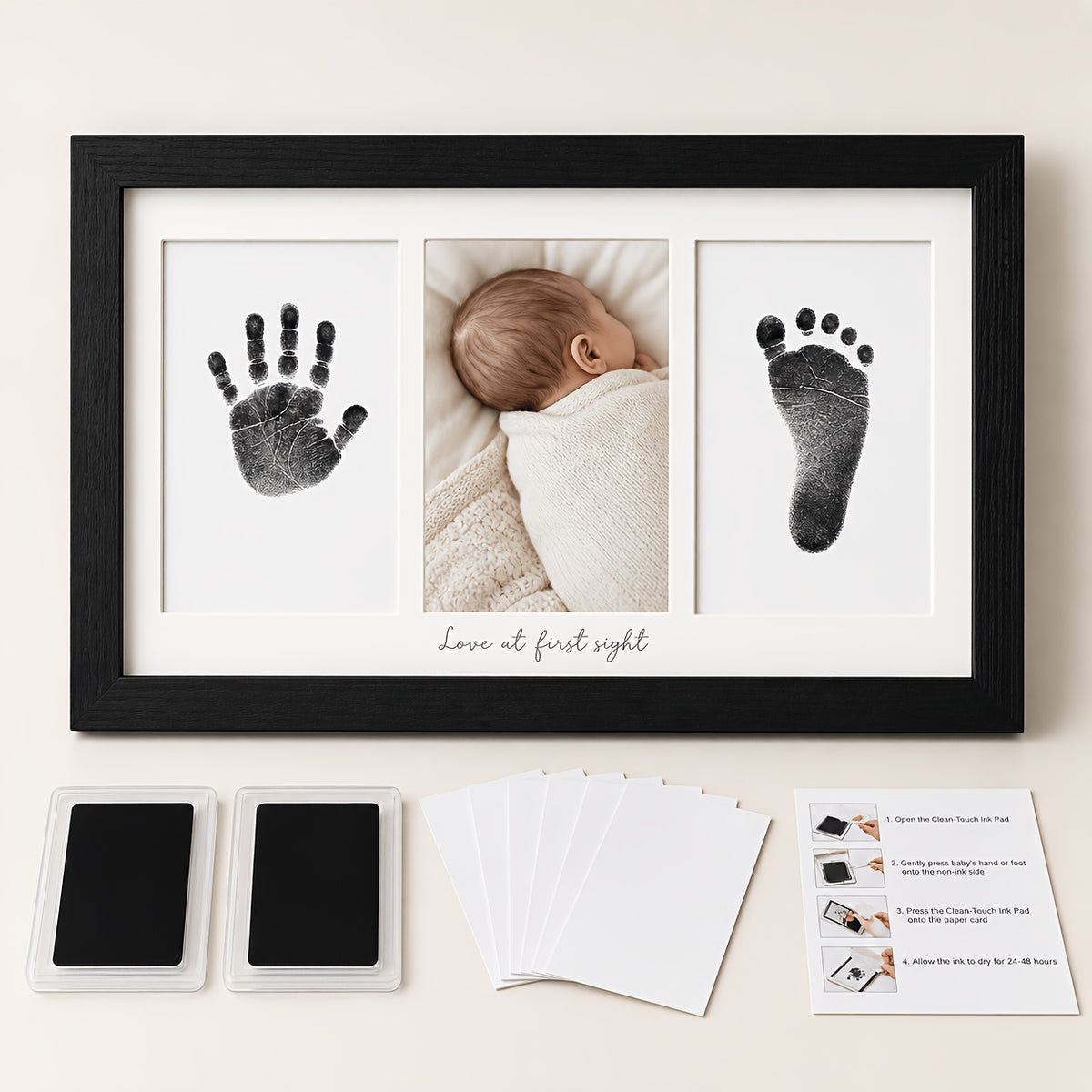 Triptych Photo Frame 8x16 Inch – Horizontal 3-Panel Picture Frame with Text & Footprint/Handprint Panel, Desktop or Wall Display, Black & White Wood Grain, Heartfelt Gift for Moms