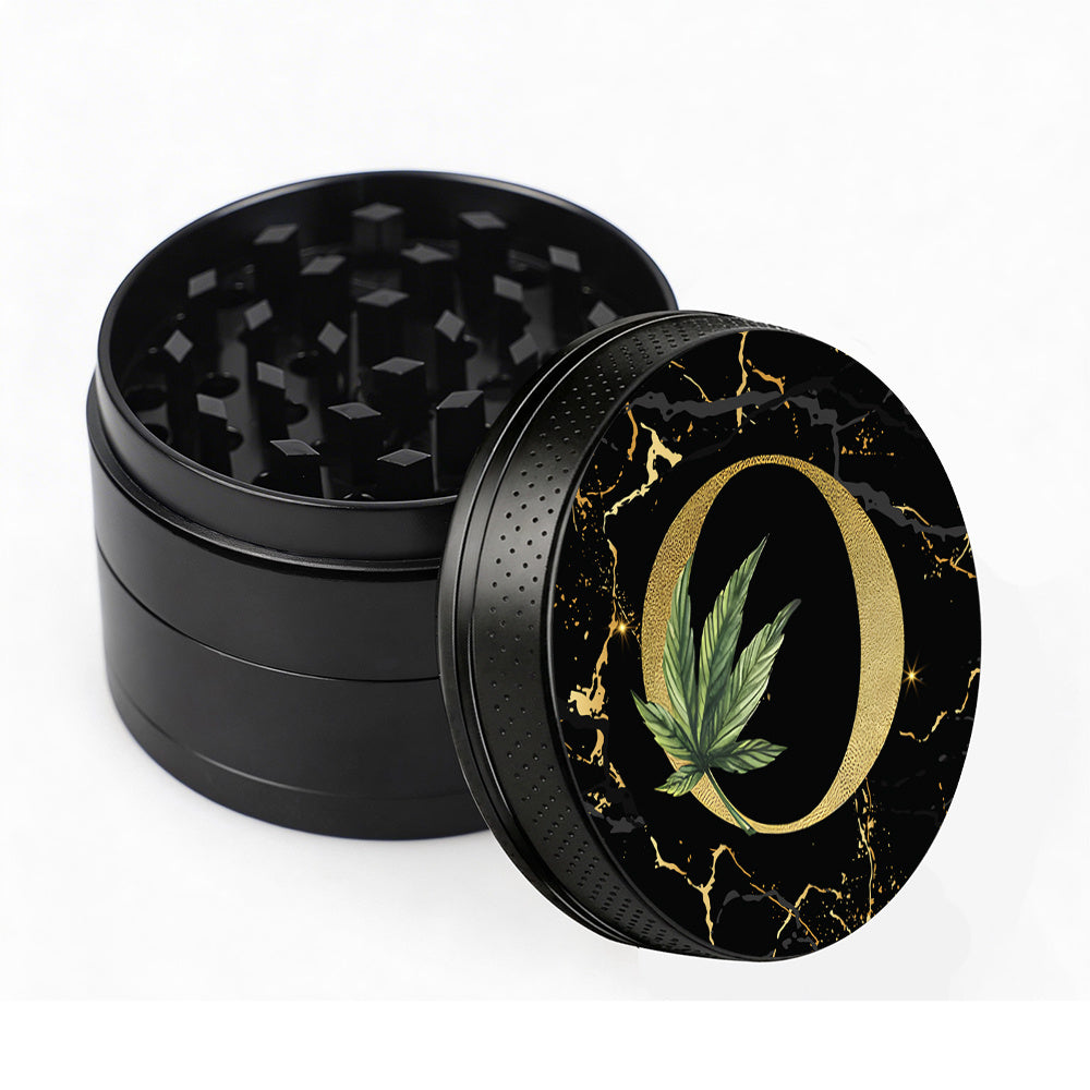 Manual Spice & Herb Grinder with Pollen Catcher - Personalized A-Z Initial Letter Metal Crusher, Portable 2 Inch Golden Marble Alphabet Design, Gift for Smokers & Herb Lovers (Black)