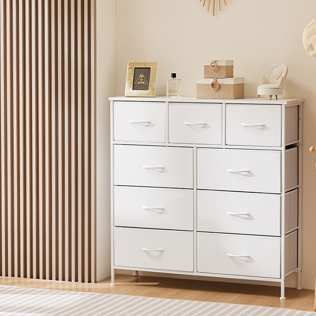 9 Drawer Fabric Dresser with Bins – Tall Chest of Drawers Organizer for Bedroom Closet Hallway Nursery, Steel Frame Wood Top Easy Pull Handles