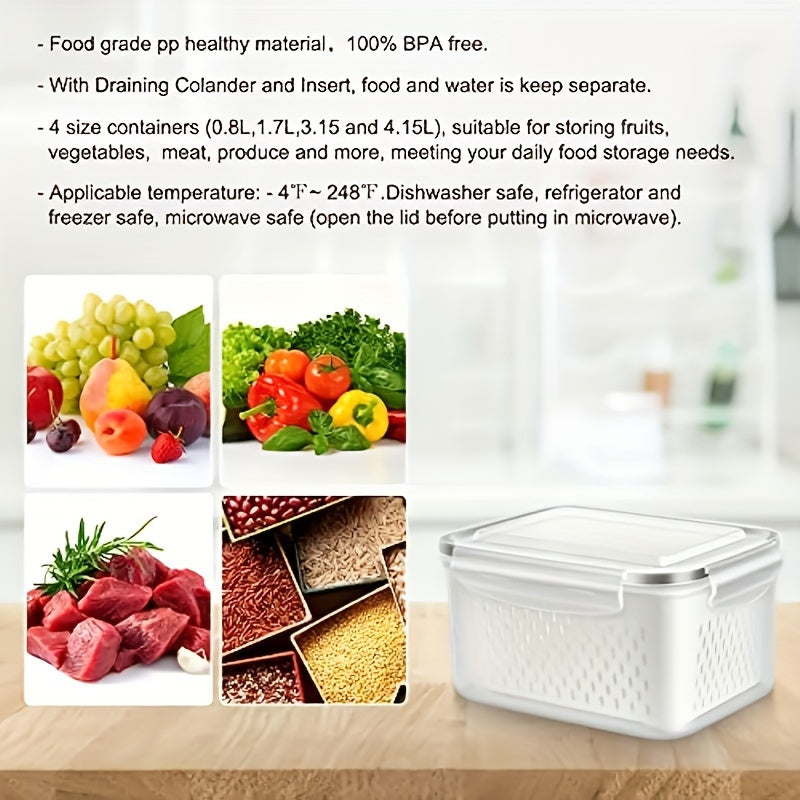Food Storage Containers Set 6-Piece BPA-Free with Drain Baskets & Lids - Leak-Proof Freezer-Safe Crisper Boxes for Fruits, Vegetables & Meal Prep Leftovers, Reusable Kitchen Organizers