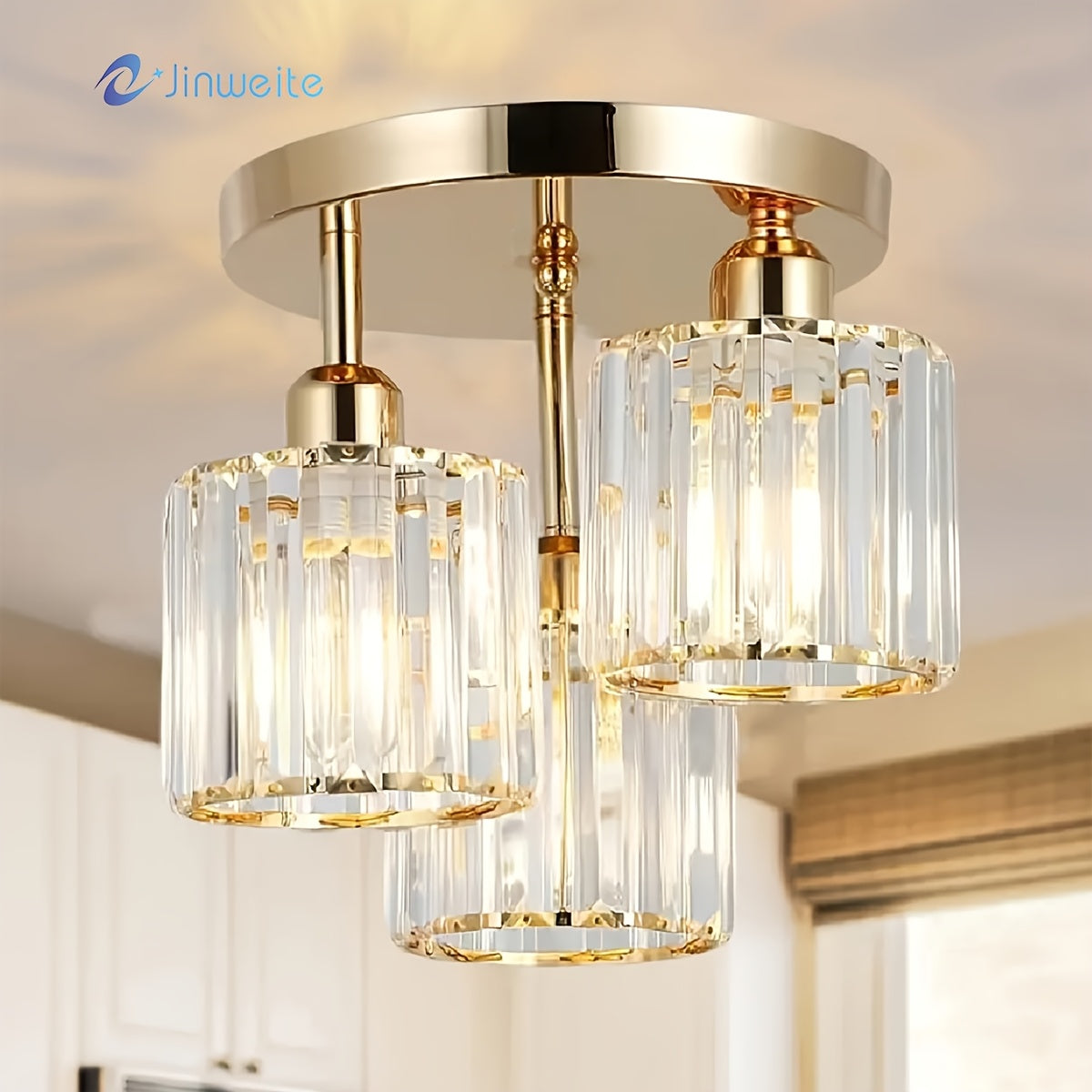 Crystal Semi Flush Mount Ceiling Light 3-Light Modern Chandelier with Transparent Glass Shades for Kitchen Hallway Bedroom Living Room – Black or Gold