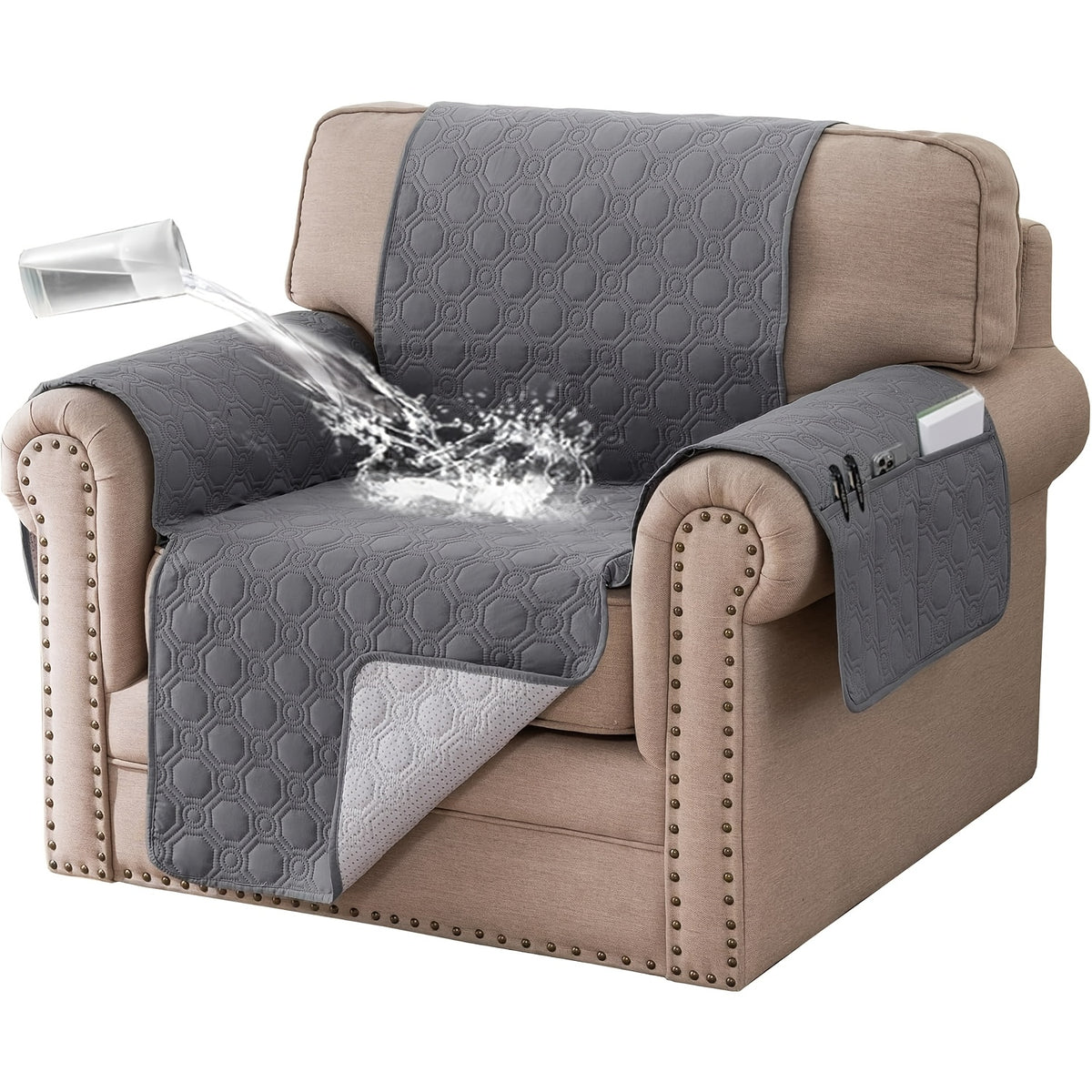 Liquid-Resistant Sofa Cover with Pocket, Geometric Pattern Couch Slipcover Furniture Protector for Pets, Washable Thick Soft 1 2 3 4 Seat Sizes Chair Loveseat Sofa