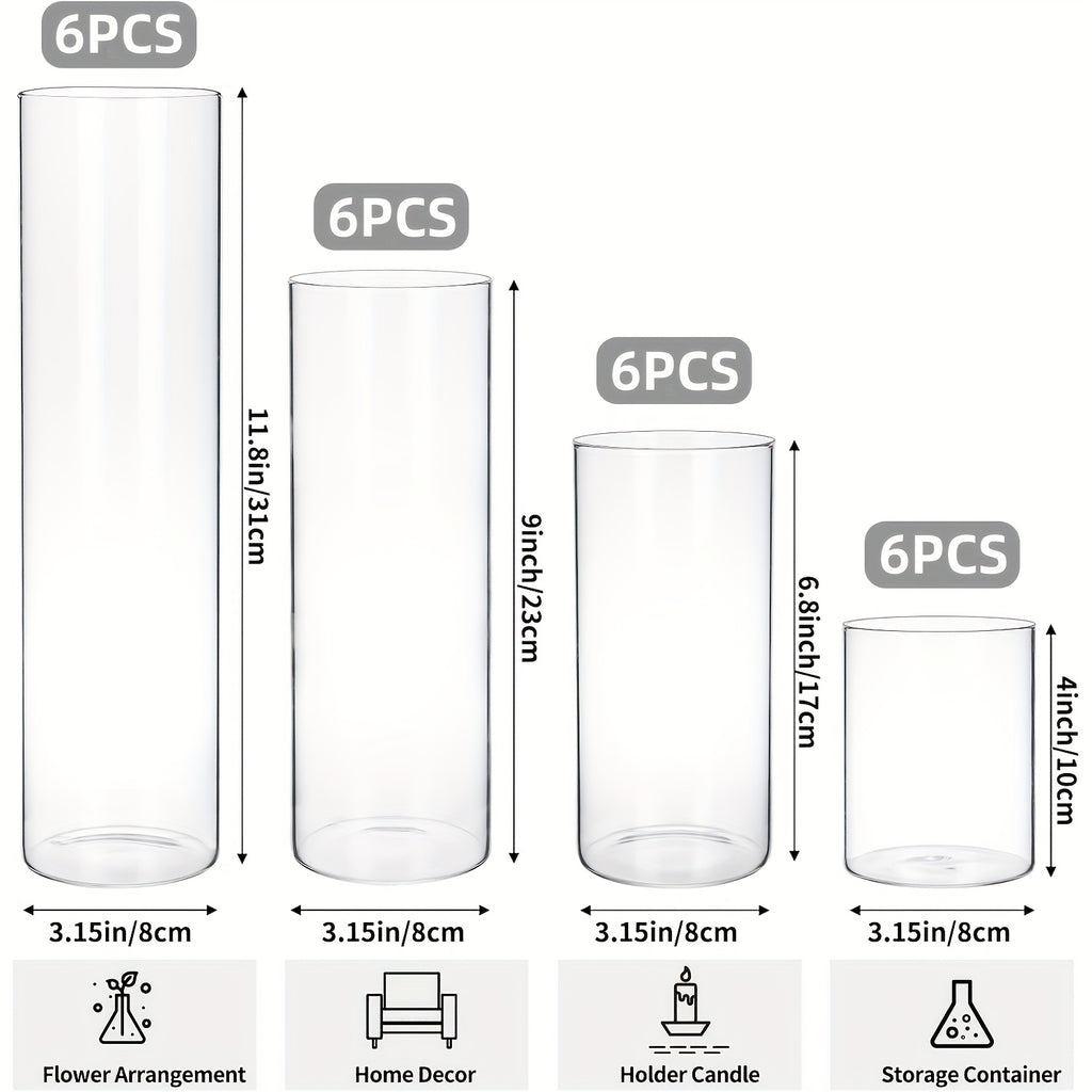Glass Cylinder Vases Set 12 24pcs 4 Sizes 4 6.8 9 12 Inch Clear Tall Vase & Candle Holder for Wedding Centerpieces, Home Decor Party Table, DIY Candle Making, Flower Arrangements