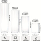 Glass Cylinder Vases Set 12 24pcs 4 Sizes 4 6.8 9 12 Inch Clear Tall Vase & Candle Holder for Wedding Centerpieces, Home Decor Party Table, DIY Candle Making, Flower Arrangements