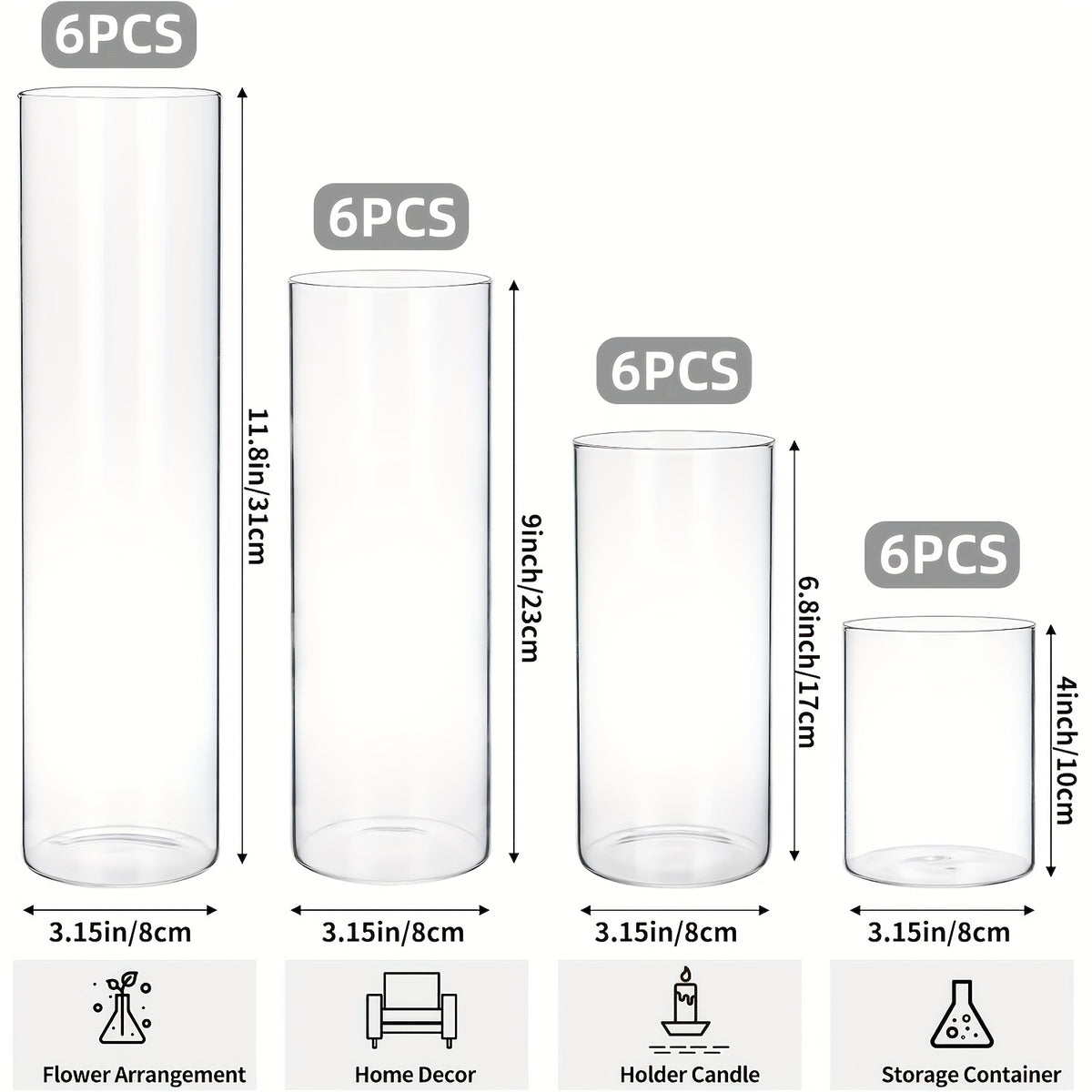 Glass Cylinder Vases Set 12 24pcs 4 Sizes 4 6.8 9 12 Inch Clear Tall Vase & Candle Holder for Wedding Centerpieces, Home Decor Party Table, DIY Candle Making, Flower Arrangements