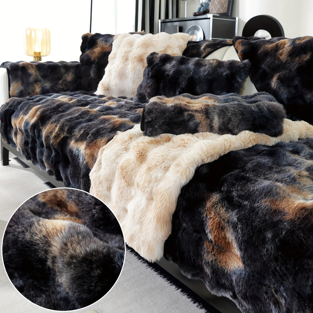 Faux Lamb Fluffy Sofa Cover Modern Gradient – Thick Plush Pet-Friendly Polyester Sofa Protector, Machine Washable 450-500g Fabric for Single, Double, Triple & Combination Sofas