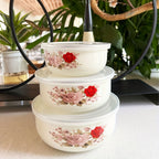 3-Piece Enamel Sealed Container Set with Lids – Fresh-Keeping Food Storage Bowls for Fruit, Vegetables, Soup & Salad | Lunch Box, School & Home | Rose & Floral Styles