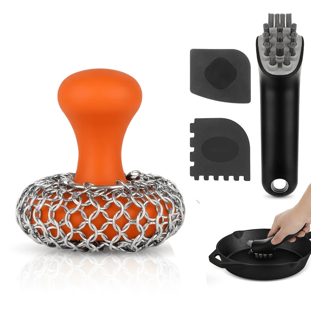 Cast Iron Cleaning Kit with 316 Stainless Steel Chainmail Scrubber – Cleaning Brush, Pan & Grill Scrapers for Skillet, Wok, Grill & Pre-Seasoned Cookware, Ergonomic Cast Iron Care Set