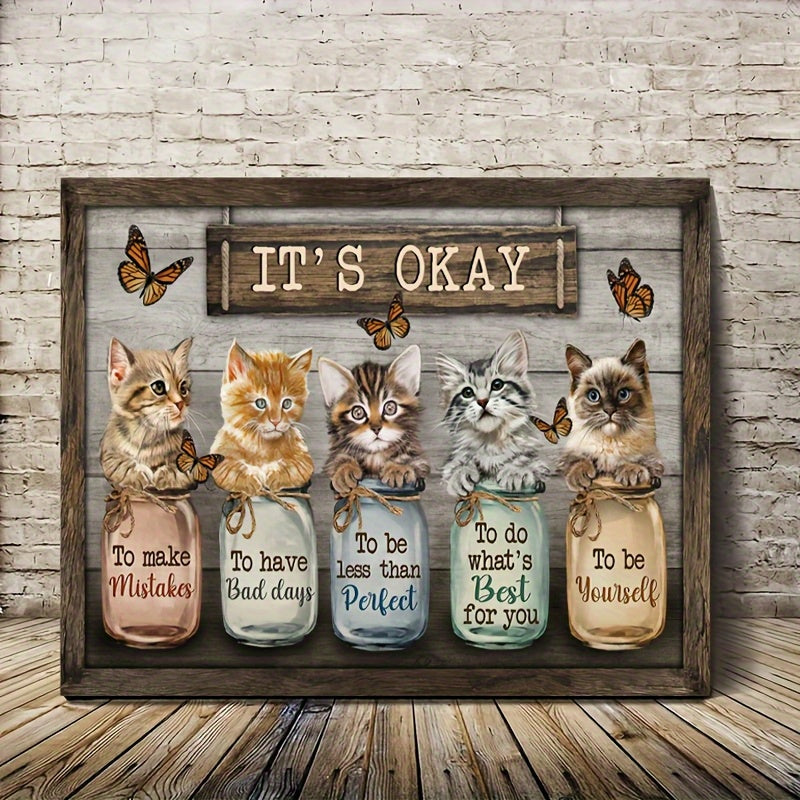 Whimsical Cat & Butterfly Framed Canvas Wall Art with Inspirational Quotes - Rustic Wood Frame, Cozy Home Decor for Living Room, Bedroom & Office, Unique Cat Lover Gift