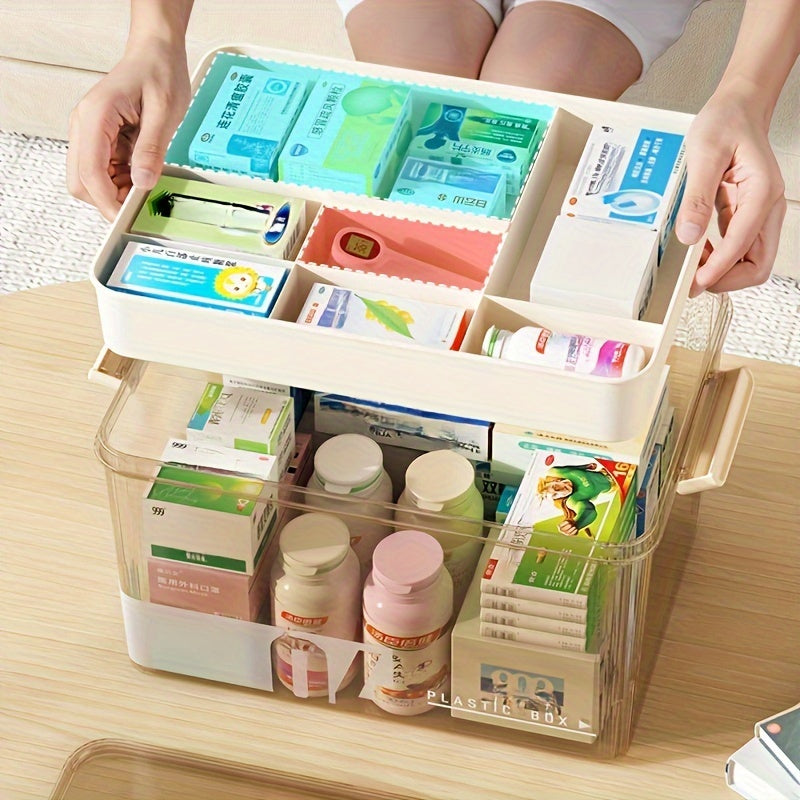Large Capacity Pill Organizer Box with Easy-Grip Handles – Multi-Layer Plastic Medicine Storage Container for Home, Travel & Office, Secure Space-Saving Household Sundries Organizer