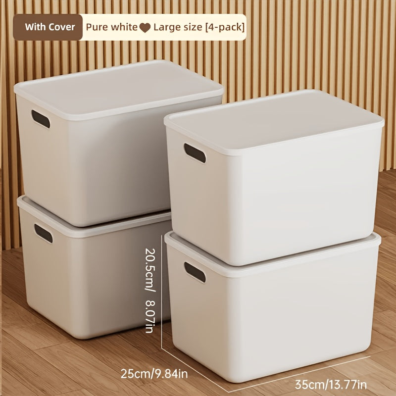 13-Inch Square Plastic Storage Bins 4-Pack with Handles Lid & No-Lid Options White Wardrobe Storage Box Set for Clothes Tools Closet Shelves – Premium Home Organization Containers