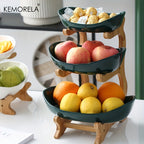 Tiered Fruit Basket Bowl 2-3 Layer Bamboo Wood Stand Kitchen Counter Serving Tray Snack Candy Plate with Fork European Style