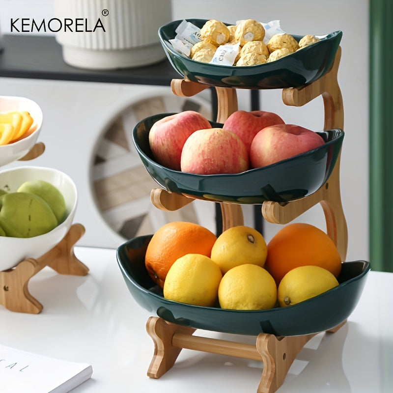 Tiered Fruit Basket Bowl 2-3 Layer Bamboo Wood Stand Kitchen Counter Serving Tray Snack Candy Plate with Fork European Style