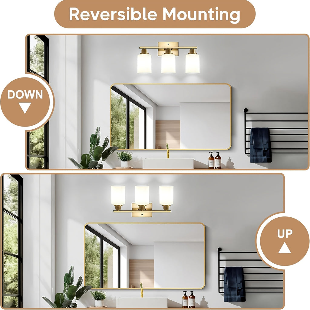 3-Light Modern Vanity Light Fixture Wall Sconce with Milk White Glass Shade E26 Socket - Bathroom Mirror Light for Living Room Bedroom Hallway, Golden / Brushed Nickel / Black