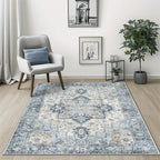 Vintage Retro Area Rug – Machine Washable Non-Slip Low Pile Chenille Print Carpet for Living Room, Bedroom, Dining Room & Home Office, Blue, Multiple Sizes