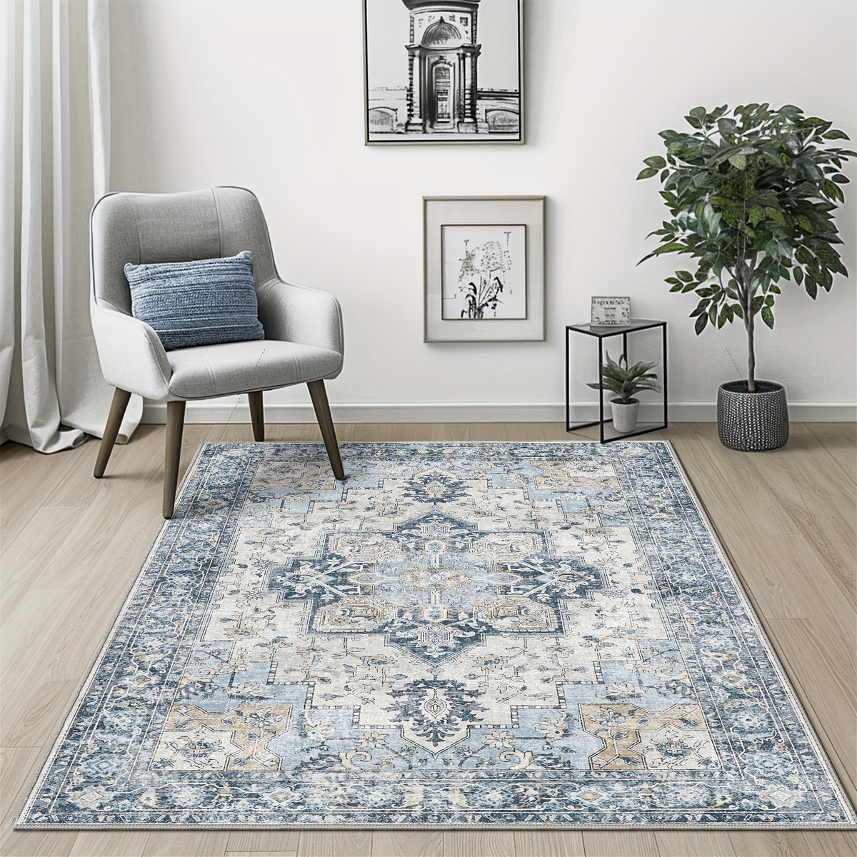 Vintage Retro Area Rug – Machine Washable Non-Slip Low Pile Chenille Print Carpet for Living Room, Bedroom, Dining Room & Home Office, Blue, Multiple Sizes