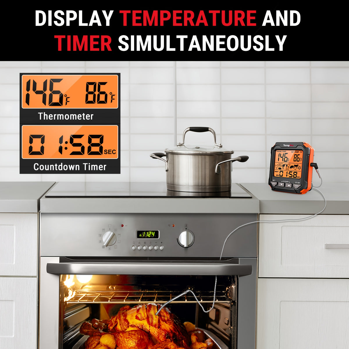 Digital Meat Thermometer with Probe - Backlit LCD, 6 Meat Presets, Temp Alert, Oven Safe Stainless Steel Probe, for Smoker BBQ Grill Oven Cooking | Nuvia Haven