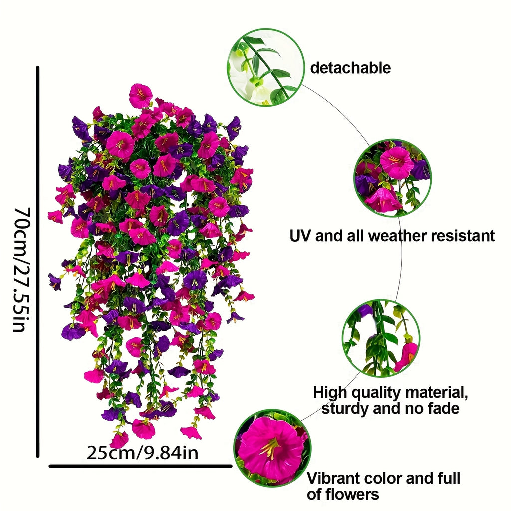 Morning Glory Artificial Hanging Flowers 3pcs with Persian Grass & Eucalyptus – UV-Resistant Faux Floral Bundle in Mix & Fuchsia, Outdoor Home Office Garden Decor, Mother’s Day & Thanksgiving Gift