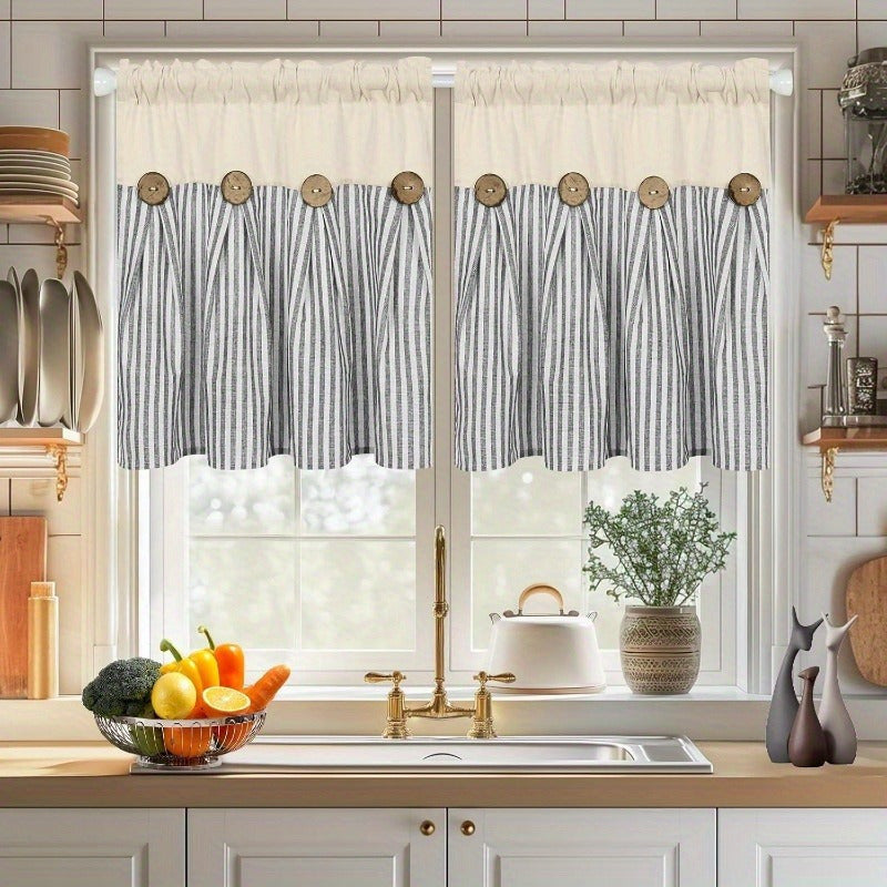 Striped Patchwork Semi-Sheer Rod Pocket Curtains – Bohemian Tiered Window Panels for Bedroom, Living Room, Kitchen, Bathroom & Cafe | 1 or 2 Pcs