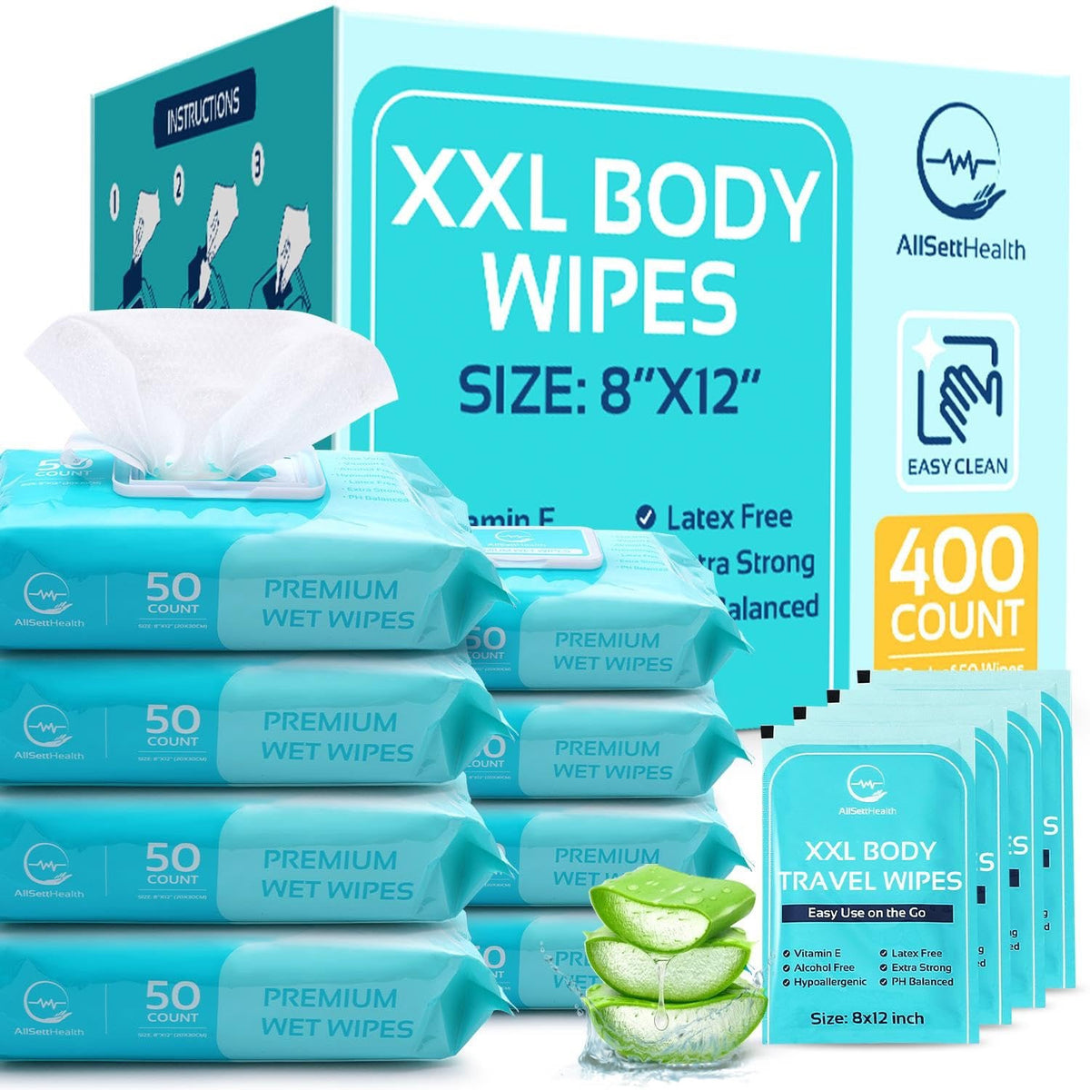 Body Wipes for Adults XL 8x12 Rinse-Free Bathing Wipes 400 Count with Aloe Vera - No-Rinse Disposable Washcloths for Seniors Gym Travel Camping & Caregiving