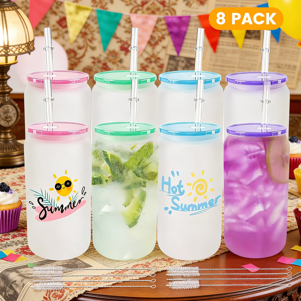 Frosted Glass Tumblers Set 16oz - Borosilicate Can Glasses with Acrylic Lids for Iced Coffee, Juice & Soda, Sublimation Ready, 8 or 12 Pack Perfect Christmas Holiday Gift