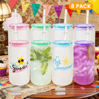 Frosted Glass Tumblers Set 16oz - Borosilicate Can Glasses with Acrylic Lids for Iced Coffee, Juice & Soda, Sublimation Ready, 8 or 12 Pack Perfect Christmas Holiday Gift