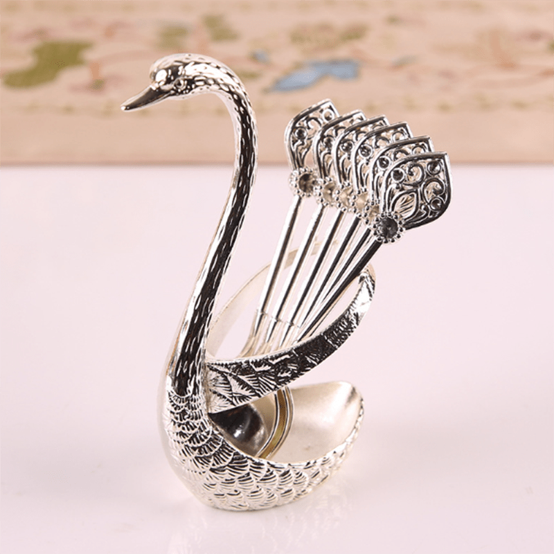 Elegant Swan Cutlery Set Silver Metal Forks and Spoons with Storage Base Decorative Tableware for Dining Room Gift Valentine Christmas Mother Day