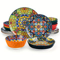 Bohemian Ceramic Dinnerware Set 16 or 24 Piece Stoneware Plates Bowls Tableware Colorful Floral Service for 4 or 6