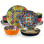Bohemian Ceramic Dinnerware Set 16 or 24 Piece Stoneware Plates Bowls Tableware Colorful Floral Service for 4 or 6
