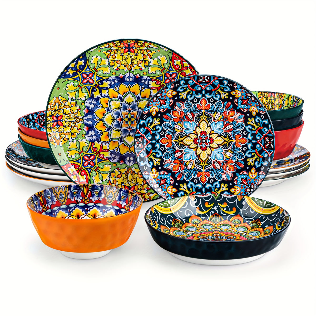 Bohemian Ceramic Dinnerware Set 16 or 24 Piece Stoneware Plates Bowls Tableware Colorful Floral Service for 4 or 6