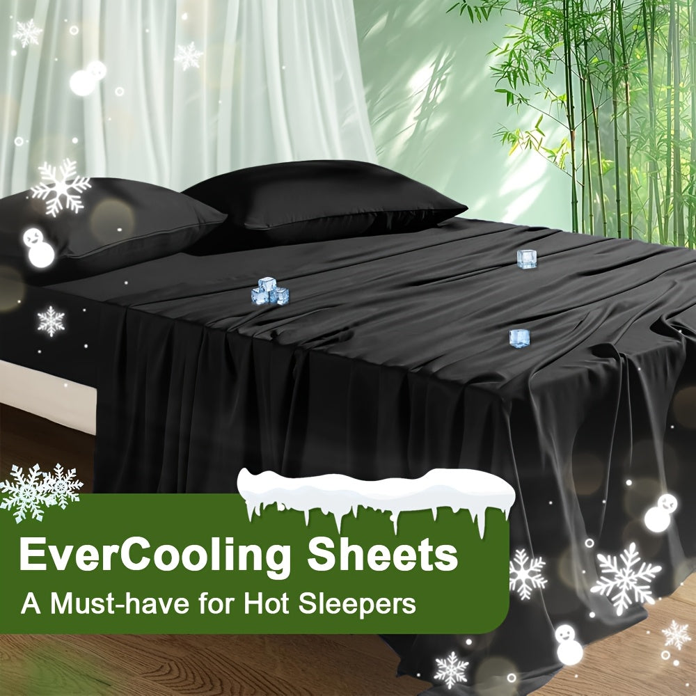 Cooling Bamboo Bed Sheet Set 4-Piece - Soft Lightweight Breathable Deep Pocket 16" Fitted Sheet, Flat Sheet & 2 Pillowcases, Machine Washable Summer Bedding, Twin Full Queen King, 12 Colors