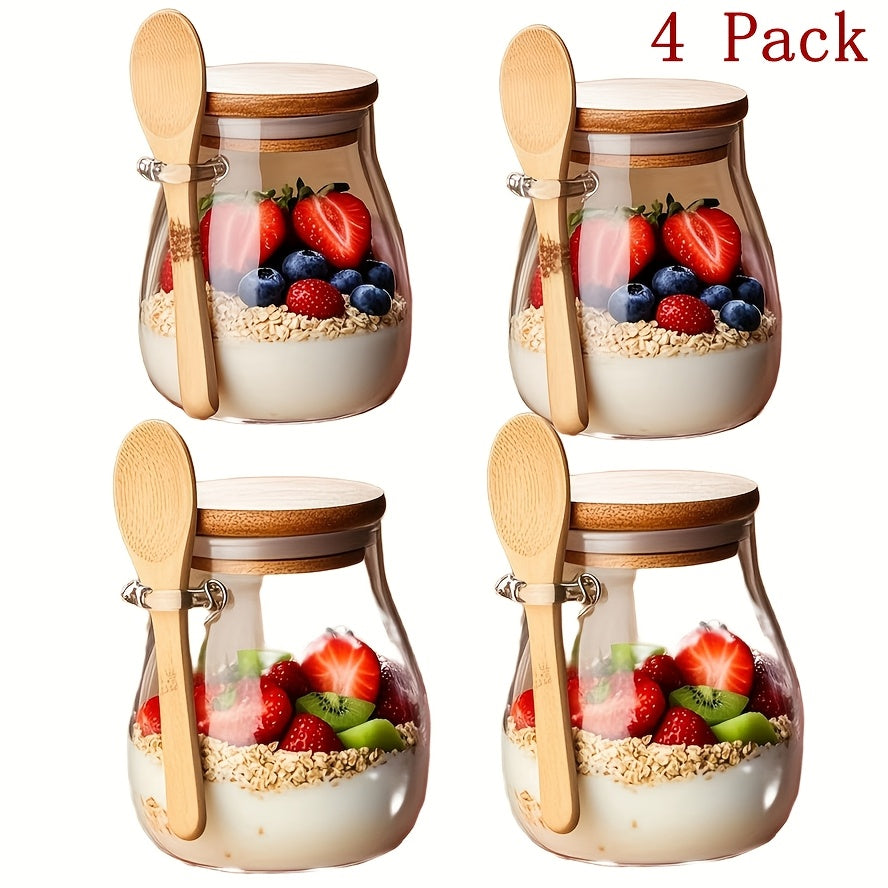 4-Pack 11.96oz Glass Meal Prep Jars with Lids & Spoons – Overnight Oats, Chia Pudding, Yogurt & Salad Containers