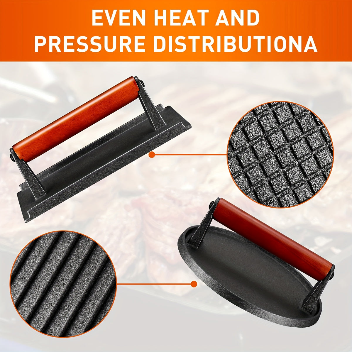 Cast Iron Burger Press Kit Round & Rectangular with Wooden Handle – 2-Piece Heavy-Duty Smash Burger Press for Grilling, BBQ, Sandwiches, Camping & Family Cookouts