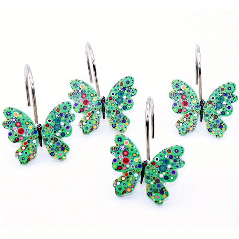Butterfly Shower Curtain Hooks 12 Pack - Decorative Rustproof Metal Curtain Hook Rings, Colorful Aesthetic Design for Bathroom, Wardrobe & Living Room, Green Blue Tricolor Options