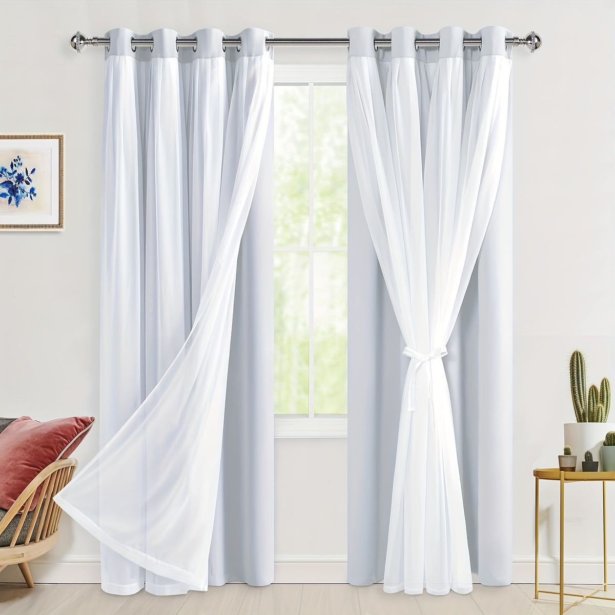 Double Layer Blackout Curtains with Sheer Overlay 2 Panels - Grommet Top Thermal Insulated Mix & Match Window Drapes with Tiebacks for Bedroom Living Room, All Season
