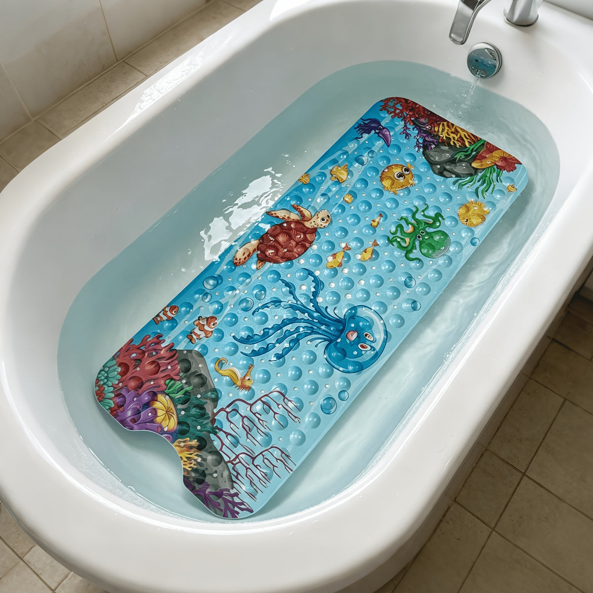 Non-Slip Bathtub Mat with Suction Cups & Drain Holes – PVC Shower Mat 40x16, Cushioned, Machine Washable, Fun Ocean Designs for Kids & Adults