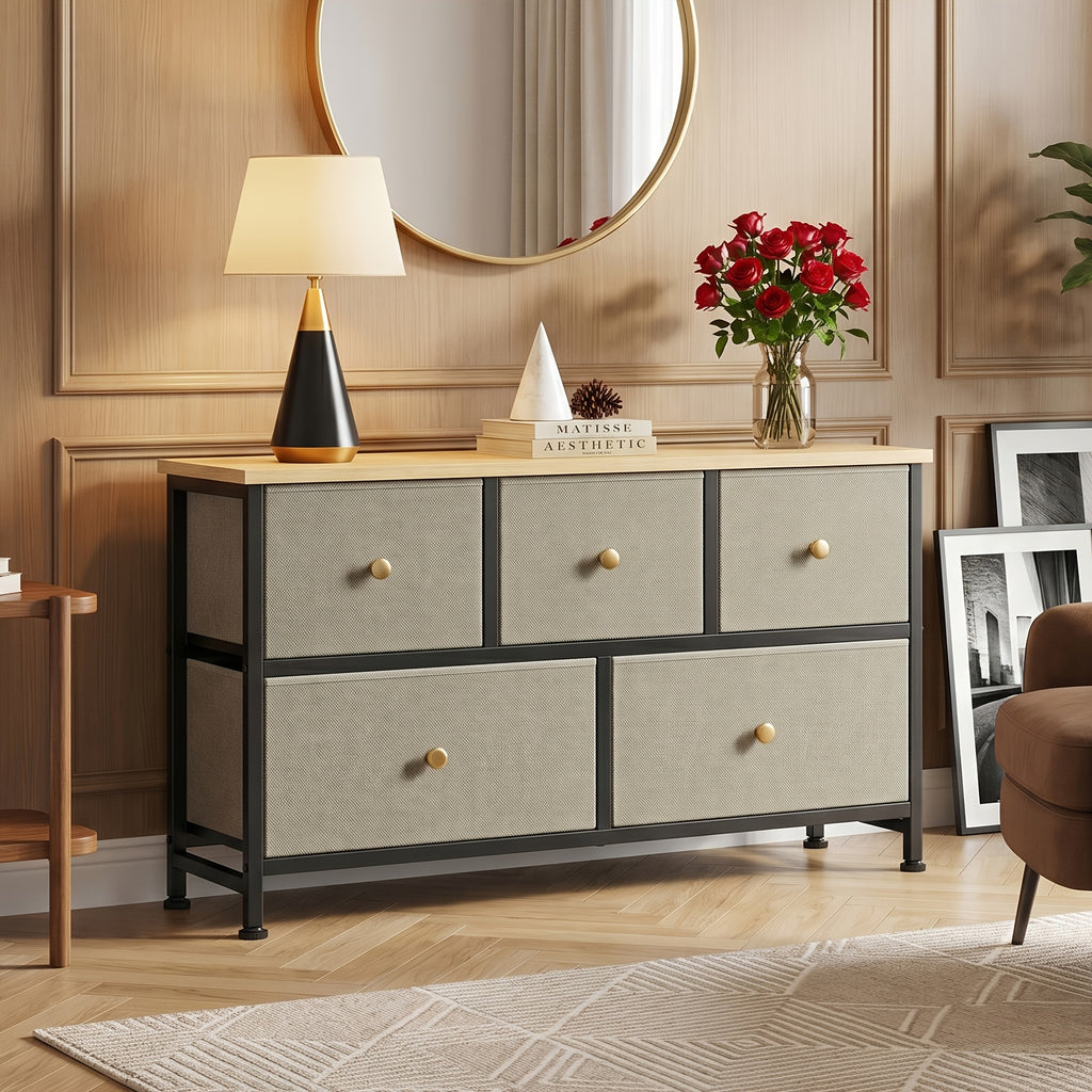 5-Drawer Wide Dresser with Fabric Bins – Freestanding Wood Frame Chest of Drawers, Low Profile Compact Storage Organizer for Bedroom, Hallway, Living Room & Closet, Space-Saving Furniture in Khaki/Green