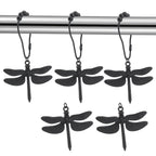 Dragonfly Shower Curtain Hooks Set of 12 – Decorative Metal Anti-Rust Spring Insect Theme Ball Sliding Easy Install Bathroom Rings, Silver or Black