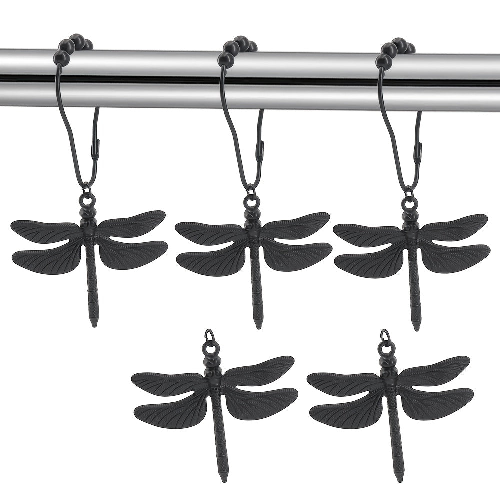 Dragonfly Shower Curtain Hooks Set of 12 – Decorative Metal Anti-Rust Spring Insect Theme Ball Sliding Easy Install Bathroom Rings, Silver or Black