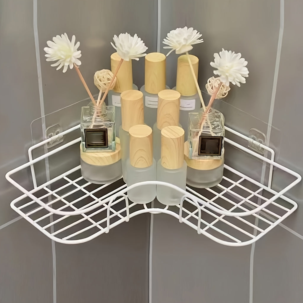 Wall-Mounted Corner Bathroom Storage Rack Set 7-Piece No-Drill Triangular Shelf with 5 Transparent Hooks, Space-Saving Bathroom Organizer for Shower, Toilet & Kitchen – White & Black