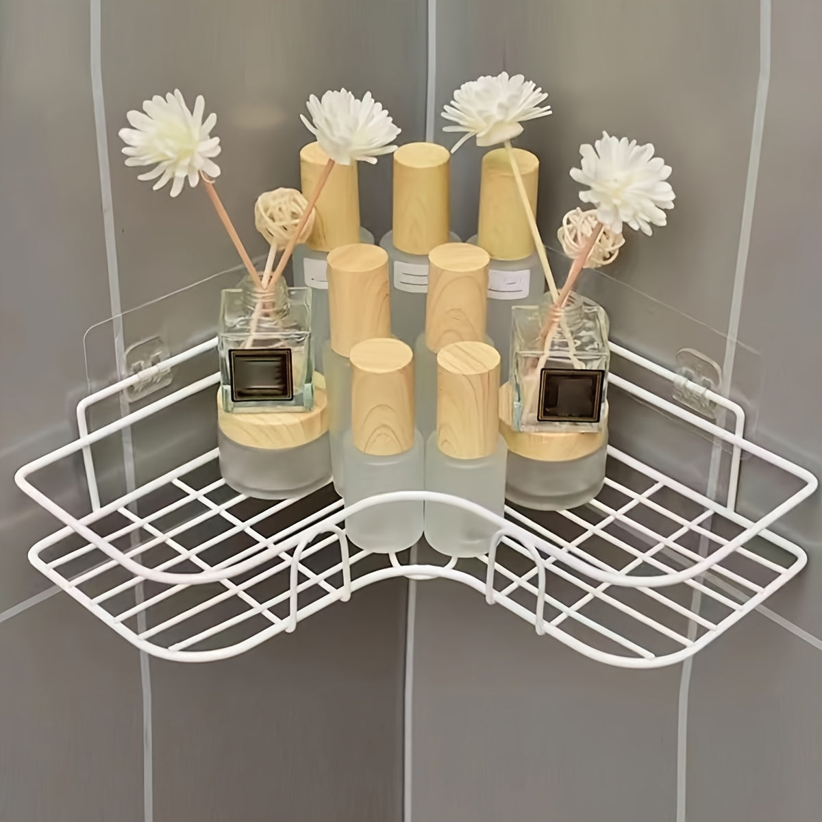 Wall-Mounted Corner Bathroom Storage Rack Set 7-Piece No-Drill Triangular Shelf with 5 Transparent Hooks, Space-Saving Bathroom Organizer for Shower, Toilet & Kitchen – White & Black