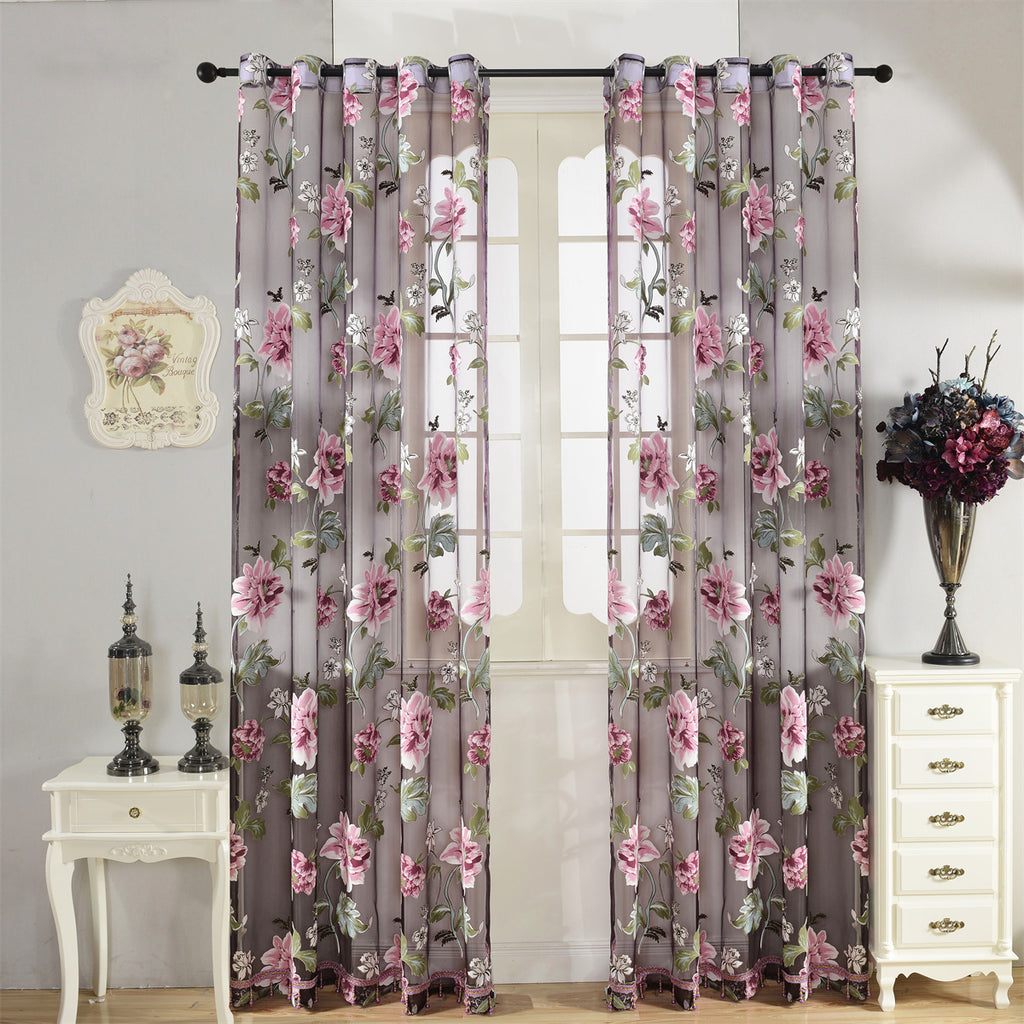 Peony Floral Sheer Curtains Grommet Top – Tulle Voile Light Filtering Drapes for Bedroom Living Room, Purple Pink, Set of 2 Panels