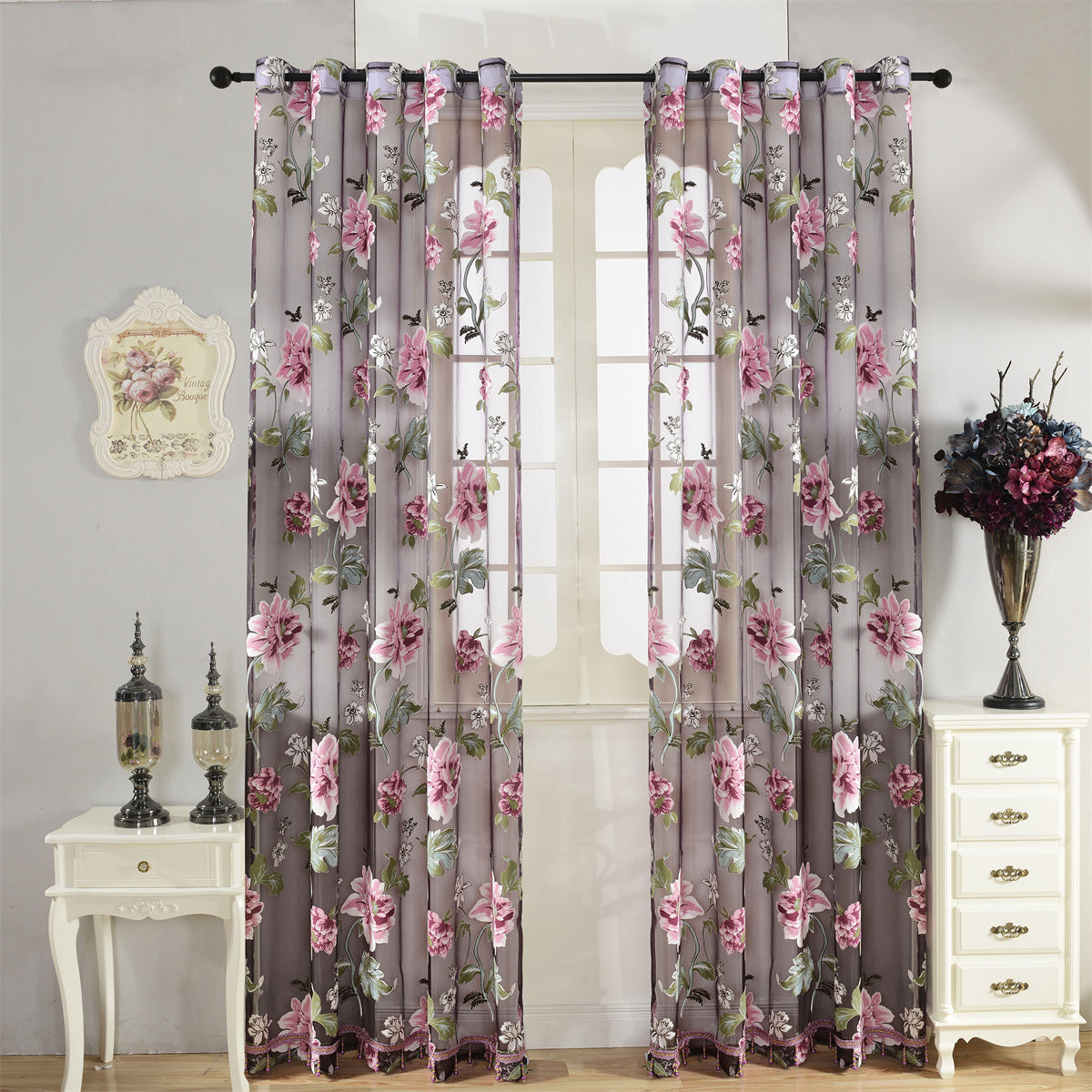 Peony Floral Sheer Curtains Grommet Top – Tulle Voile Light Filtering Drapes for Bedroom Living Room, Purple Pink, Set of 2 Panels