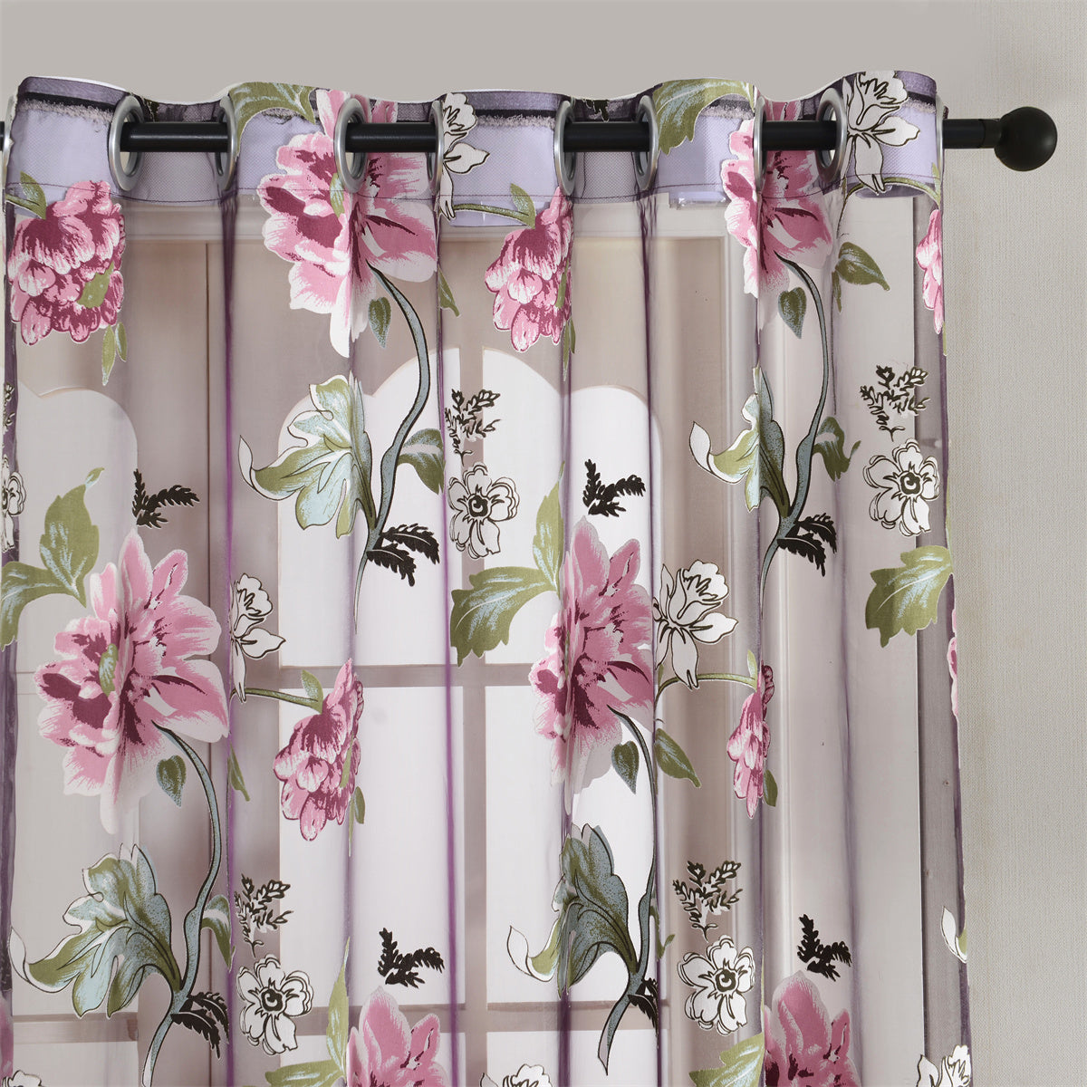 Peony Floral Sheer Curtains Grommet Top – Tulle Voile Light Filtering Drapes for Bedroom Living Room, Purple Pink, Set of 2 Panels
