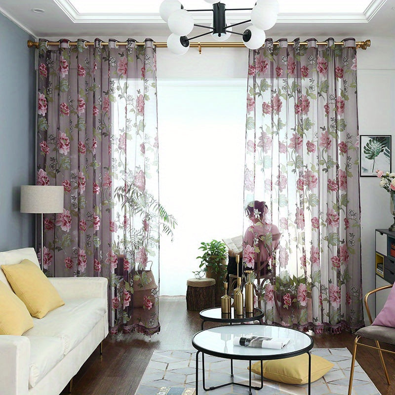 Peony Floral Sheer Curtains Grommet Top – Tulle Voile Light Filtering Drapes for Bedroom Living Room, Purple Pink, Set of 2 Panels