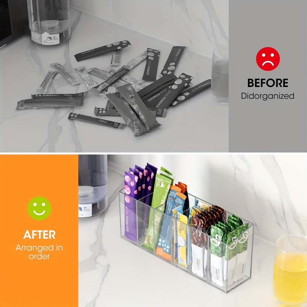 Clear Drink Packet Organizer with Removable Sections & Adjustable Dividers – Transparent Space-Saving Storage for Flavor Packets, Kitchen & Office (3 or 4 Compartments)