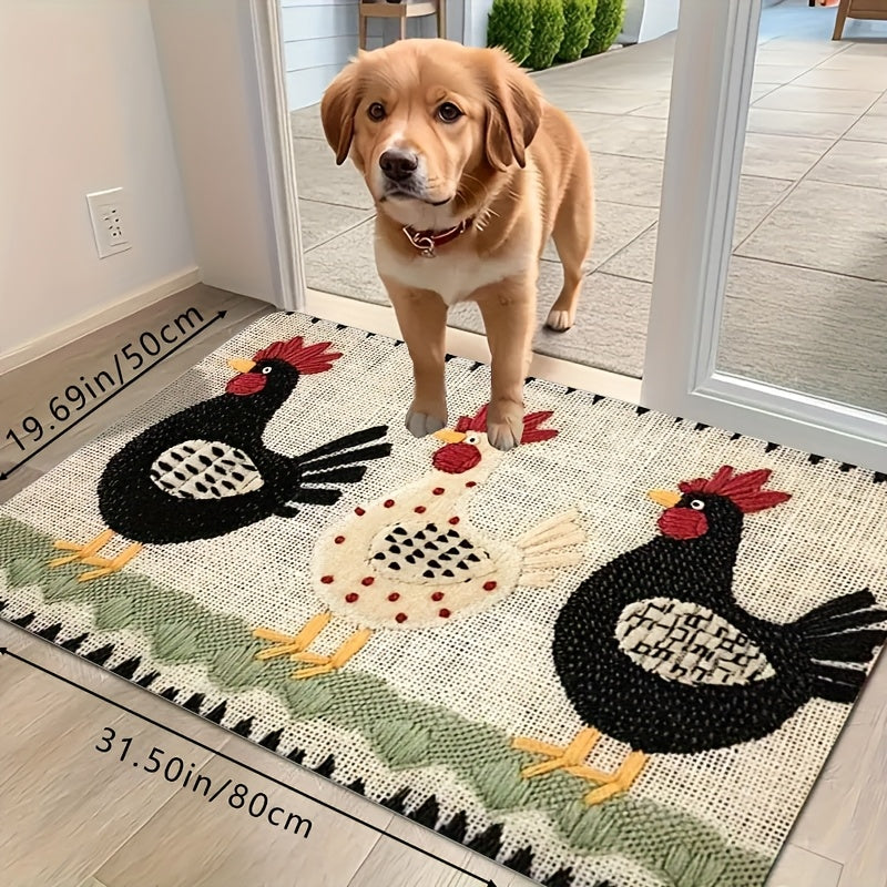 Welcome Door Mat - Embroidered Rooster Design Non-Woven Indoor Outdoor Floor Mat for Entrance Bathroom Kitchen Porch and Study