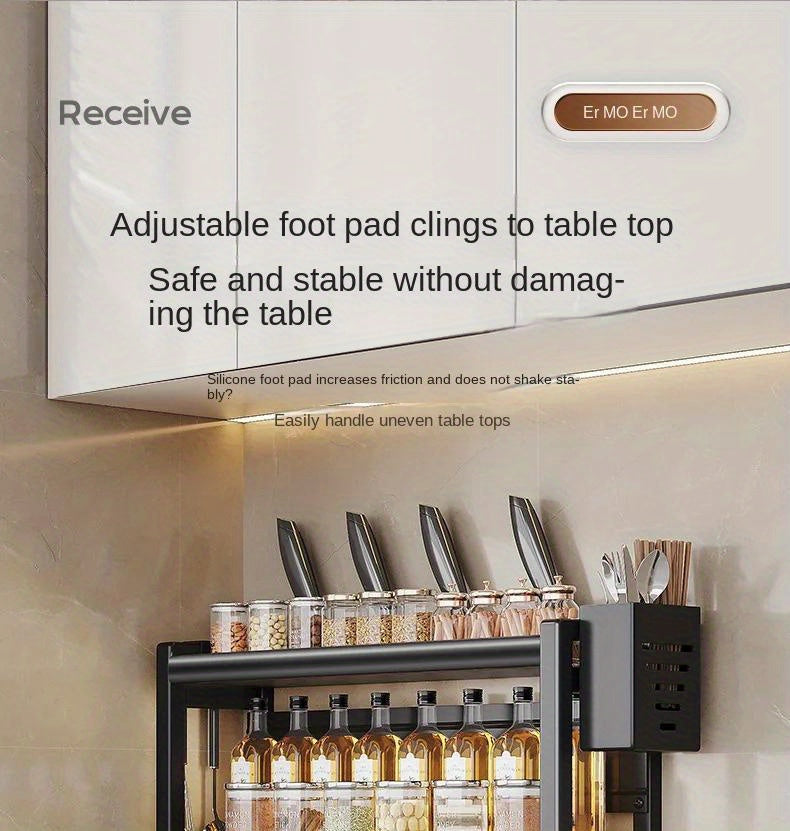3-Tier Heavy-Duty Carbon Steel Kitchen Shelf Standing Storage Rack – Space-Saving Countertop Organizer for Spices, Knives, Utensils & Spoon Holder, Sturdy Multi-Tier Shelf for Small Kitchens