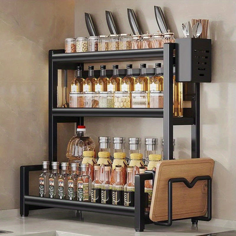 3-Tier Heavy-Duty Carbon Steel Kitchen Shelf Standing Storage Rack – Space-Saving Countertop Organizer for Spices, Knives, Utensils & Spoon Holder, Sturdy Multi-Tier Shelf for Small Kitchens
